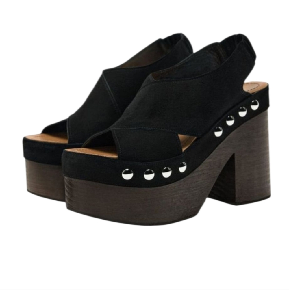 Black Platform Studded Slingback Heeled Sandals - Women